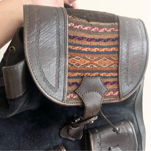 Vintage Tooled Leather Suede Woven Backpack Boho Vintage Rucksack Mochata 90's - Picture 3 of 11